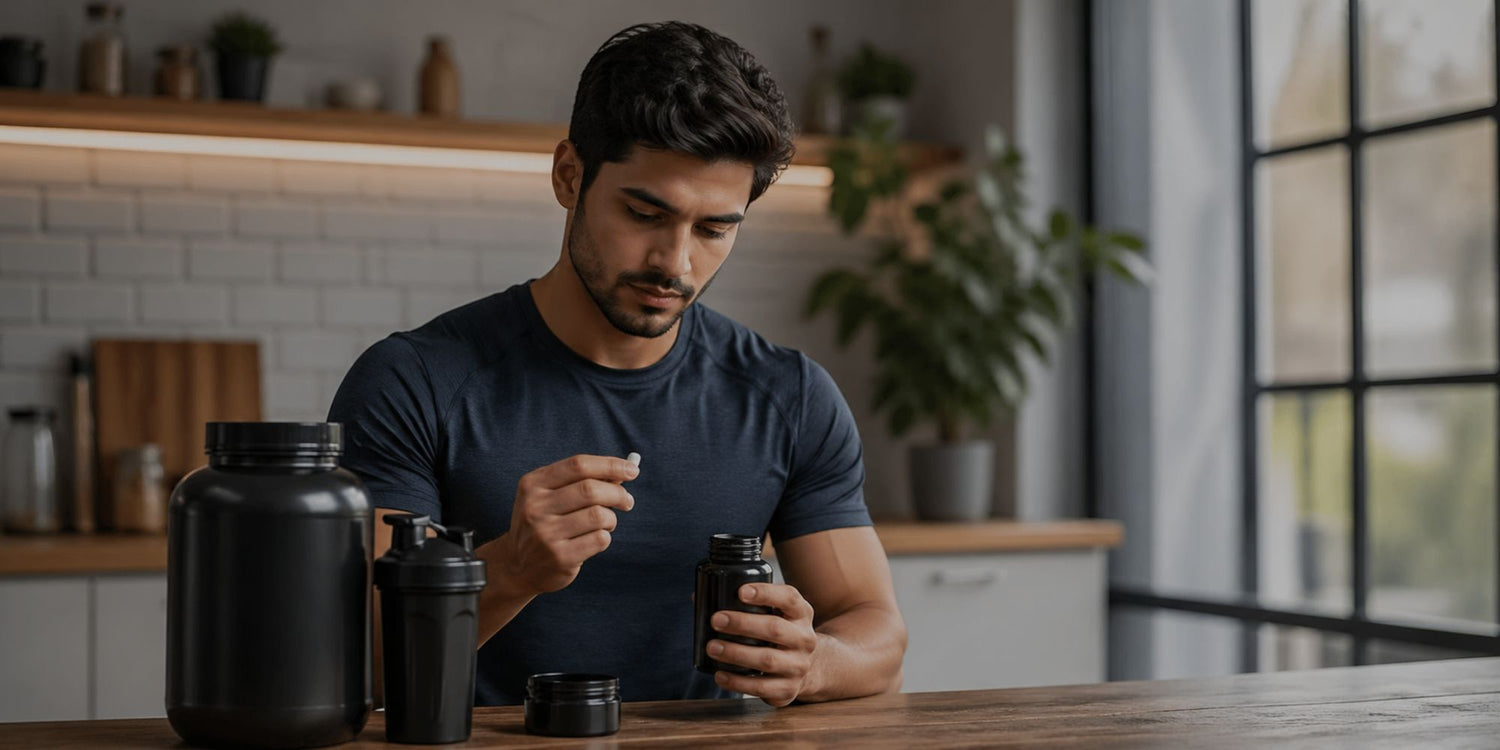man taking supplements in a black bottles