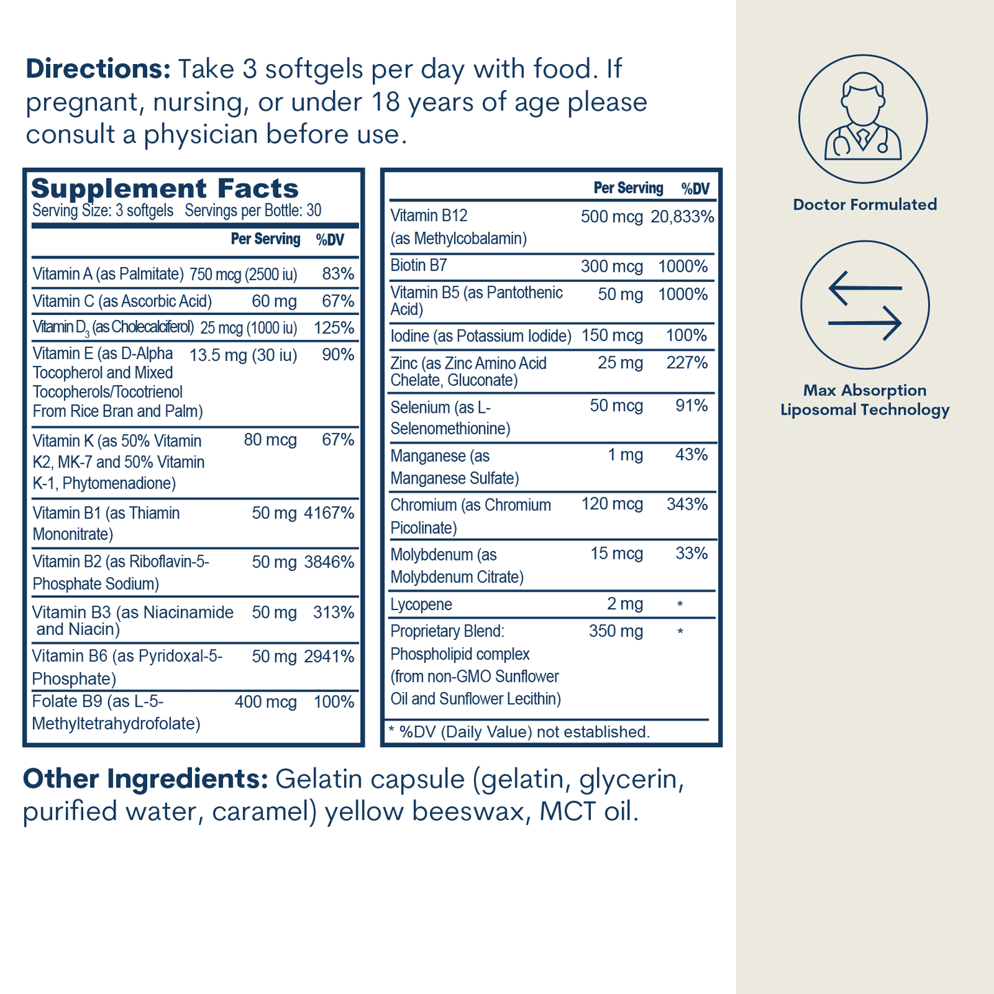 Liposomal Active B-Complex Multivitamin Mineral Softgels Daily Supplement